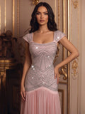 Solid Fashion Diamond Flying sleeve Bandage Long Dresses for Women Pink Sleeveless Patchwork Tunic Dress Female Autumn