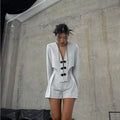 Striped Two Piece Set for Women V Neck Long Sleeve Spliced Button Coat High Waist Shorts Chic Sets Female