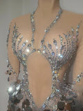 Women Sexy Sparkly Diamonds Sequins Long Sleeves Mesh See Through Long Dress Luxury Birthday Evening Party Nightclub Stage Wear