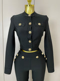 Golden Buttons Short Coat Top And Flare Pants  Bandage 2 Pieces Set Woman Celebrity Evening Party Vestidos