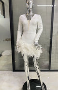 Women's 2-Color Glam V-Neck Gorgeous Feather Skirt Bandage Mini Dress Fashion Party Evening Performance Dress Women Glam Dresses