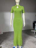 Short Sleeve Knitted Long Dress Female Slim Hollow Retro Elegant Sweater Dress 2025 Summer New High Waist Women‘s Dress