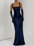 Sexy Satin Evening Long Dresses for Women Square Collar Sleeveless High Waist Folds Slimming Bodycon Dress Female