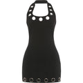 Metal Ring Hollow Decoration Dress Woman Halter Low-Neck Backless Skinny Peach Hip Midnight Sexy Fashion Mini Bodycon