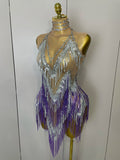 Women Sexy Stretch Mesh Sparkly Rhinestone Tassels Mini Dress Nightclub Singer Dance Stage Costume Evening Gowns