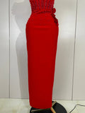 Women Red 3D Floral Beading Pearl Sexy Sleeveless Bodycon Long Bandage Dress Elegant Club Party Birthday Wedding Prom Wear