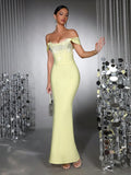 Elegant Banquet Party Gowns Bandage Women's Diamond Sleeveless Off Shoulder Tight Long Dress Solid Celebrity Evening Club