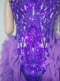 Sparkly Purple Diamonds Mesh Ruffled See Through Mini Dress Women Sexy Strapless Birthday Evening Party Nightclub Stage Costume