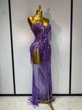 Women Sexy Strapless Purple Rhinestone Tassels Maxi Long Dress Birthday Photo Shoot Bar Nightclub Stage Performance Outfit