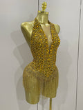 Luxury Golden Rhinestone Sexy Mesh Stretch Bodysuits Women Birthday Dancer Performance Stage Wear Nightclub Team Hotwife Outfit