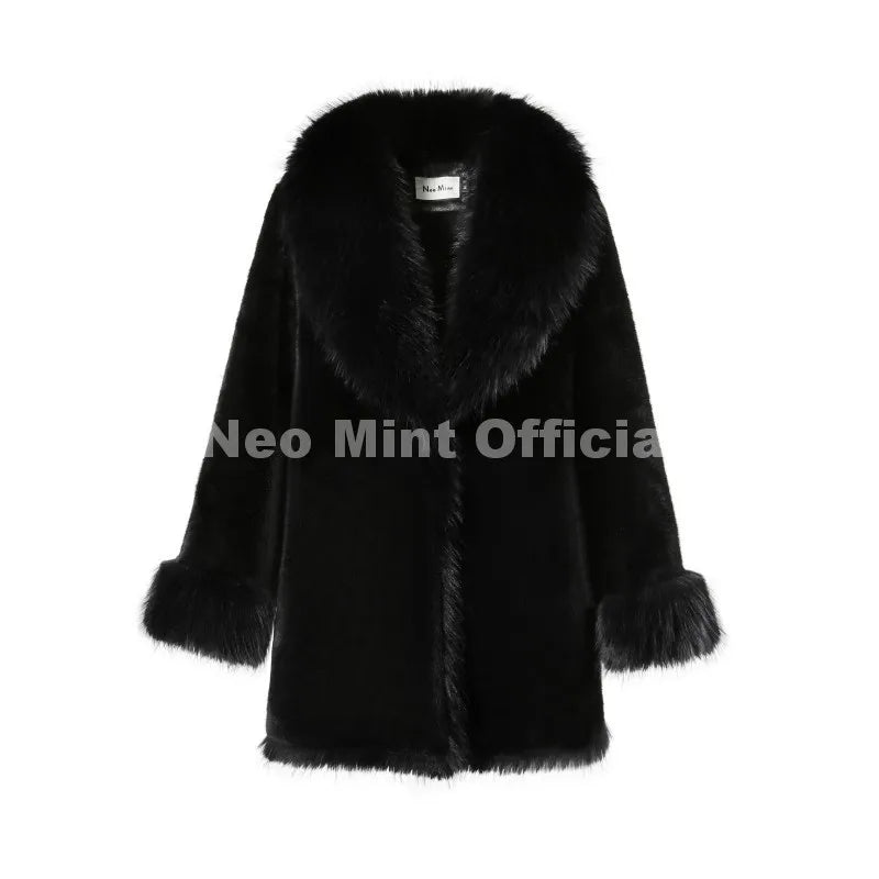 Vintage Fashion Fur Trim Collar Faux Mink Fur Coat Women Winter Luxury Warm Shearling Jacket Classic Overcoat Outerwear