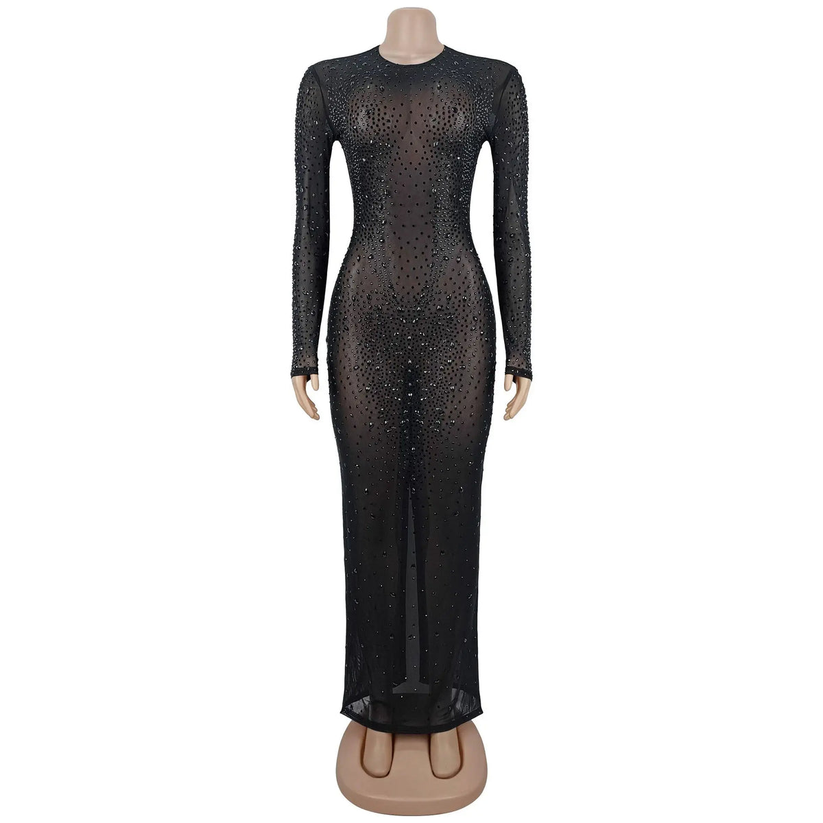 Luxury Glitter Rhinestones Mesh See Through Prom Gown Women Sexy Long Sleeve Tight Birthday Party Back Split Long Dress
