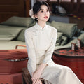White Embroidery Thickened Chinese Style Long Sleeved Cheongsam Women's Retro Slim Fit Autumn and Winter Qipao Dress