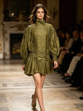 Olive Green Elegant Pleated Dress Women Fashion Solid Stand Neck Lantern Sleeve Double Breasted Loose Mini Dress Women
