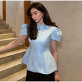 Vintage Women Satin Solid Jacket Puff Short Sleeve Single Breasted Waist Top Fashion All-match Retro 2026 Spring Summer Coat