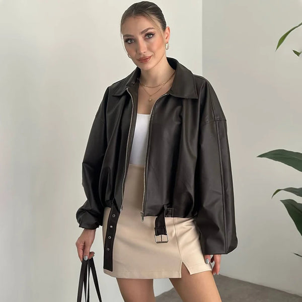 Fashion Leather Jacket Women's Vintage Faux Leather Bomber Jacket Solid Zipper Lapel Long Sleeves Autumn High Street Coat