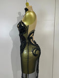 Women Black Sexy Mesh Asymmetric Bodycon Mini Dress Sparkly Diamonds Nightclub Bar Party Show Gogo Dancer Clothing Stage Costume
