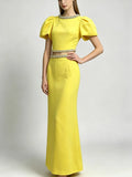 Solid Luxury Diamond Tops & Skirt Two Piece Sets For Women Bubble Short Sleeve Short Top High Waist Skirt Set Female New