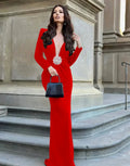 Black, Red And White Pleated Rhinestone Decorated One-Shoulder Long-Sleeved Waist-Cinching Long Fitted Dress, Party And Birthday