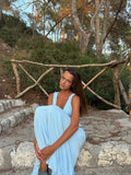 Chic Light Blue 2 Piece Outfit Women Deep V Neck Sleeveless Ruched Crop Top Low Waist Flowy Maxi Skirt Suit Party Matching Sets