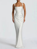 Sexy Satin Evening Long Dresses for Women Square Collar Sleeveless High Waist Folds Slimming Bodycon Dress Female