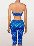 Wild Vacation 2 Piece Set Women Polka Dot Print Halter Tank Tops+Bike Shorts Stretch Matching Street Party Outfits