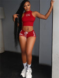 Number Print Fashion Patchwork Sporty 2 Piece Set Women Skinny Crop Tops+Drawstring Shorts Casual Simple Tracksuit