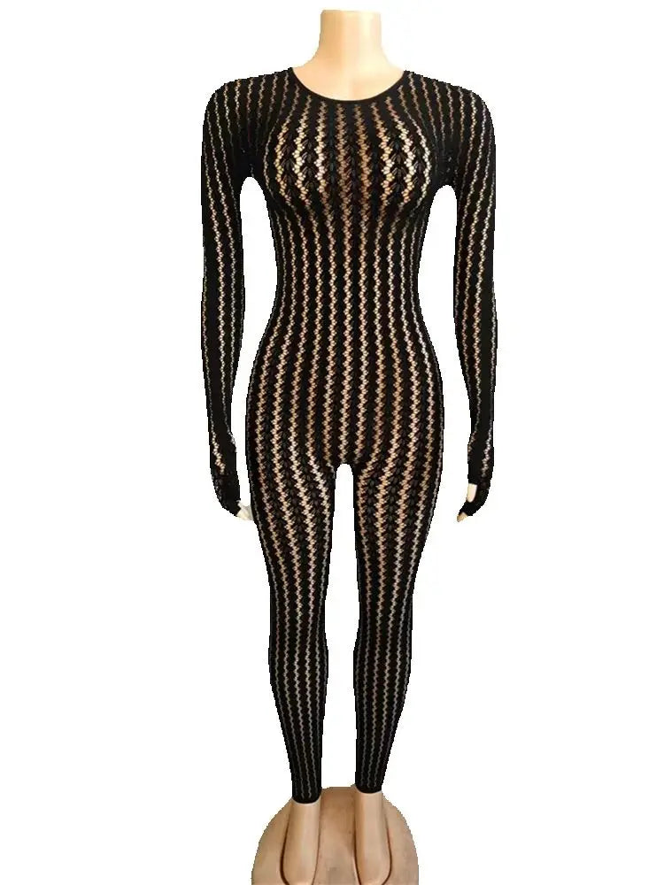 Hottie See Through Jumpsuit Women O-Neck Irregular Stripe Patchwork Jacquard Hollow Sexy Street Stretch Slim Overall