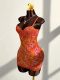 Lace Patchwork Print  Dress Women Sexy Trend Low-Neck See Through  Beach Vacation Party Clubwear Peach Hip Bodycon