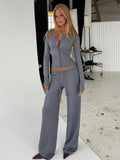 White Ribbed Knit Two Piece Set for Women Slim Button Accent Cardiagns Low Waist Loose Pant Suit for Casual Outings