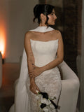 Custom White Strapless High Neck Cape Lace Mermaid Wedding Dress Floor Length Bridal Gown Formal Evening Wear