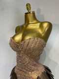 Women Sexy Strapless Sparkly Rhinestone Sequins Mesh See Through Mini Dress Eveing Party Birthday Nightclub Singer Stage Costume