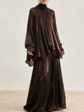 Modest Two Piece Set for Women Turtleneck Raglan Balloon Sleeve Irregular Top Maxi Flowy Long Skirt for Evening Occasions