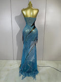 Sparkly Diamonds Tassel Long Dress Birthday Evening Party Sexy Strapless Side High Slit Mesh See Through Nightclub Stage Costume
