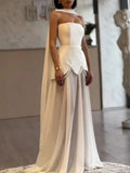 Evening Patchwork Ribbon Dress for Women Strapless Spliced Pearls Decoration Slim Fairy Mesh Maxi Dresses Female