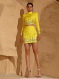 Two Piece Sets for Women Stand Collar Long Sleeve Spliced Diamonds Top High Wiast Mini Skirt Elegant Outfit Female