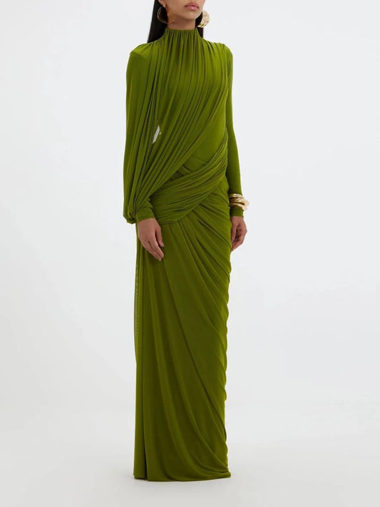 Elegant Vintage Spliced Ribbon Dresses for Women Turtleneck Long Sleeve Irregular Folds Evening Luxurious Maxi Dress Female