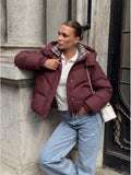 Casual Hooded Puffer Jacket Women Plaid Lining Drawstring Collar Quilted Warm Padded Elastic Cuff Coat Winter Oute Street Wear
