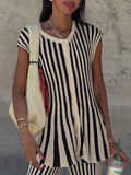 Striped Loose Two Piece Set for Women O Neck Sleeveless Top High Waist Wide Leg Pants Casual Sets Female Sumemr New