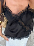 See Througth Lace Edge Tank Tops for Women V Neck Sleeveless Pathwork Hollow Out Sexy Fashionable Vest Female New