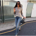 Spliced Lace Hem Jacket Elegant Long Sleeve V-neck Waisted Contrast Lace Bottom Design Casual Coat Autumn Fashion Retro Jackets