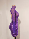 Women Sexy Mesh See Through Long Sleeves Mini Dress Luxury Sparkly Purple Diamond Birthday Evening Party Nightclub Stage Costume