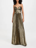 Gold Pleated Maxi Gala Dresses for Women Sleeveless High Waist Patchwork Sashes Spaghetti Strap Luxury Runway Dress Female