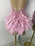 Sexy Halter Beading Feather Mini Dress For Women Backless Luxury Birthday Celebrity Evening Gowns Performance Wear