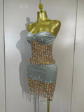 Sexy Strapless Rhinestone Pearl Chain Mesh Mini Dress Women Luxury Birthday Party Nightclub Celebrity Stage Performance Outfit