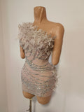 Sexy Sparkly Rhinestones One Shoulder Mesh See Through Mini Dress Women Birthday Evening Celebrate Party DJ Nightclub Stage Wear