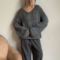 Women's Cable Knit Sweater V Neck Long Sleeve Oversized Loose Chunky Twist Pullover Tops Casual Autumn Retro Commute Top