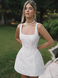Cinched Waist Textured Fabric Corset Style Mini Dress Structured Bodice White Lace Dress Summer Bridal Shower Outfit 2026