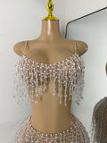 Women Glitter Crop Top Short Mesh Pearls Sets Nightclub Performance Outfit Two Pieces Party Birthday Clothing