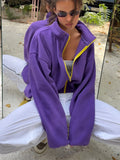 Casual Purple Fleece Jacket Womens Stand Collar Contrast Zip Loose Fit Pockets Coat Fall Winter Sporty Outdoor Streetwear Wear